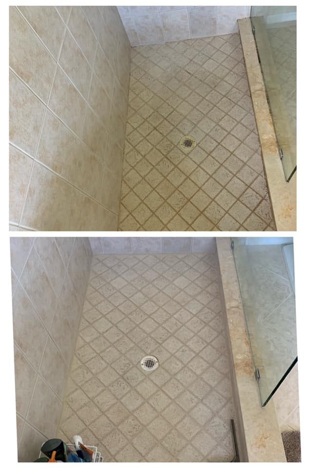 A before and after picture of a tiled shower floor.