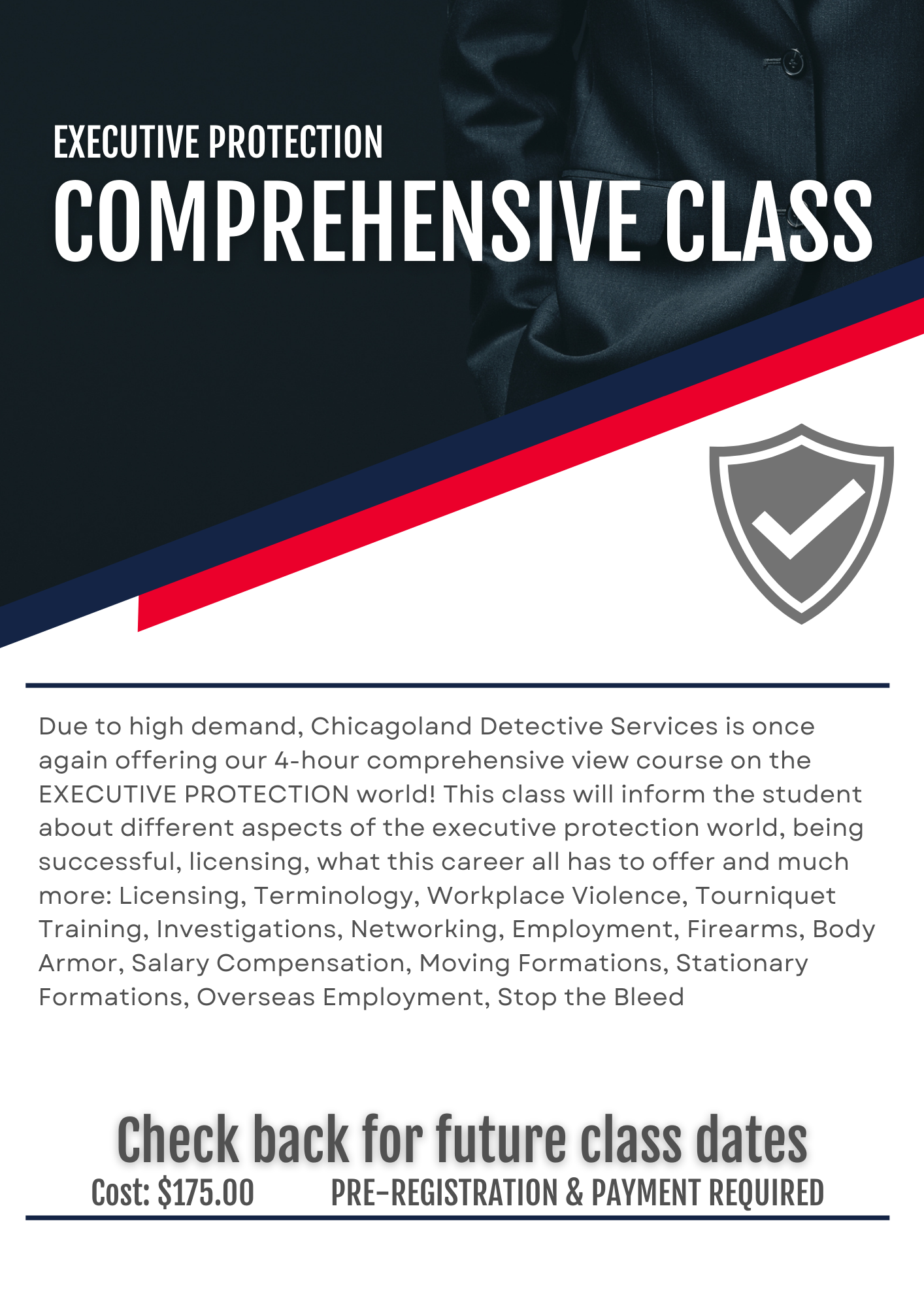 an advertisement for executive protection comprehensive class