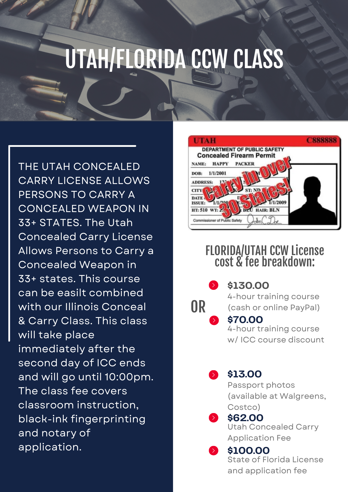 a flyer for utah / florida concealed carry class