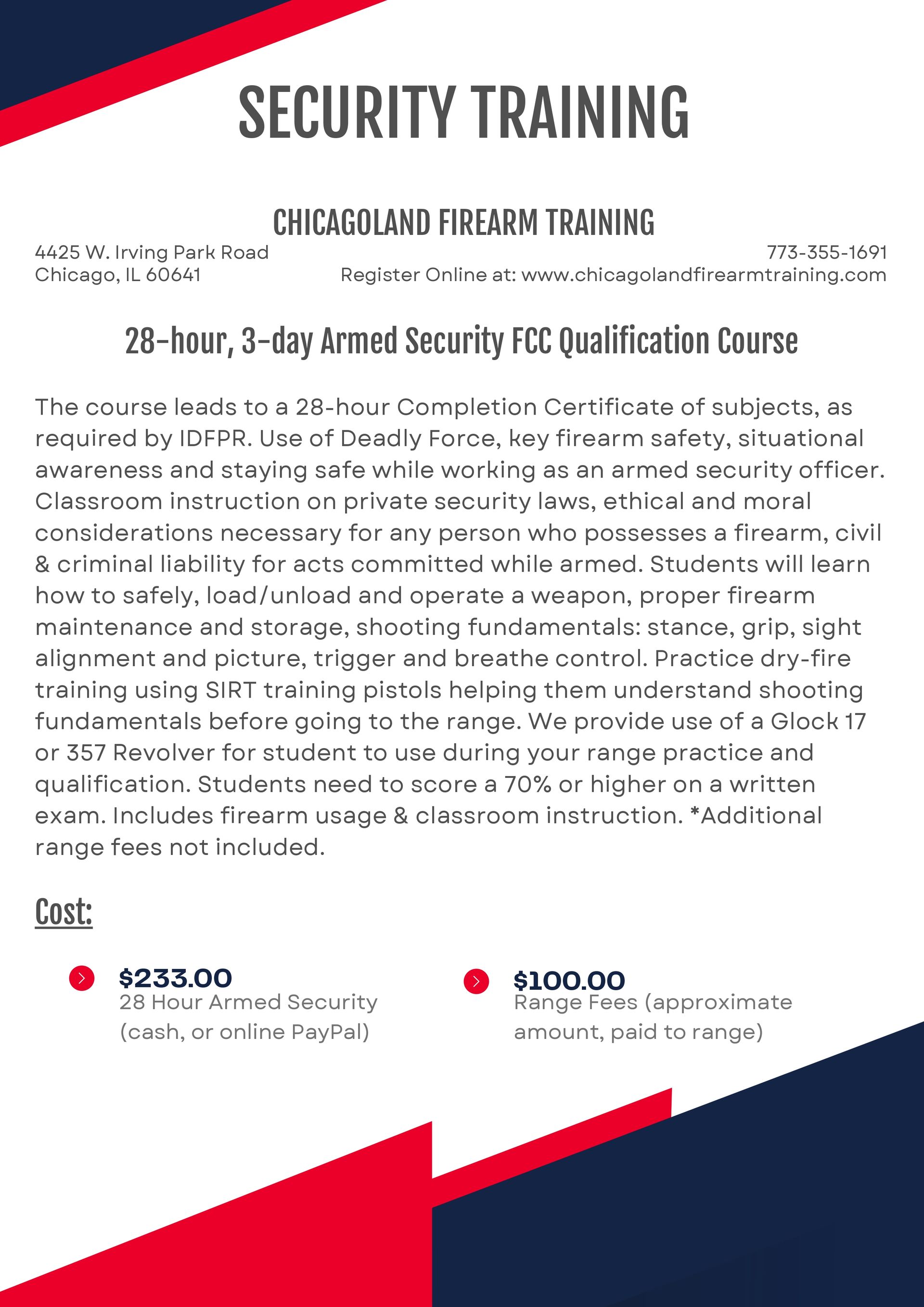 chicagoland firearm training advertises a 28 hour 3 day armed security class
