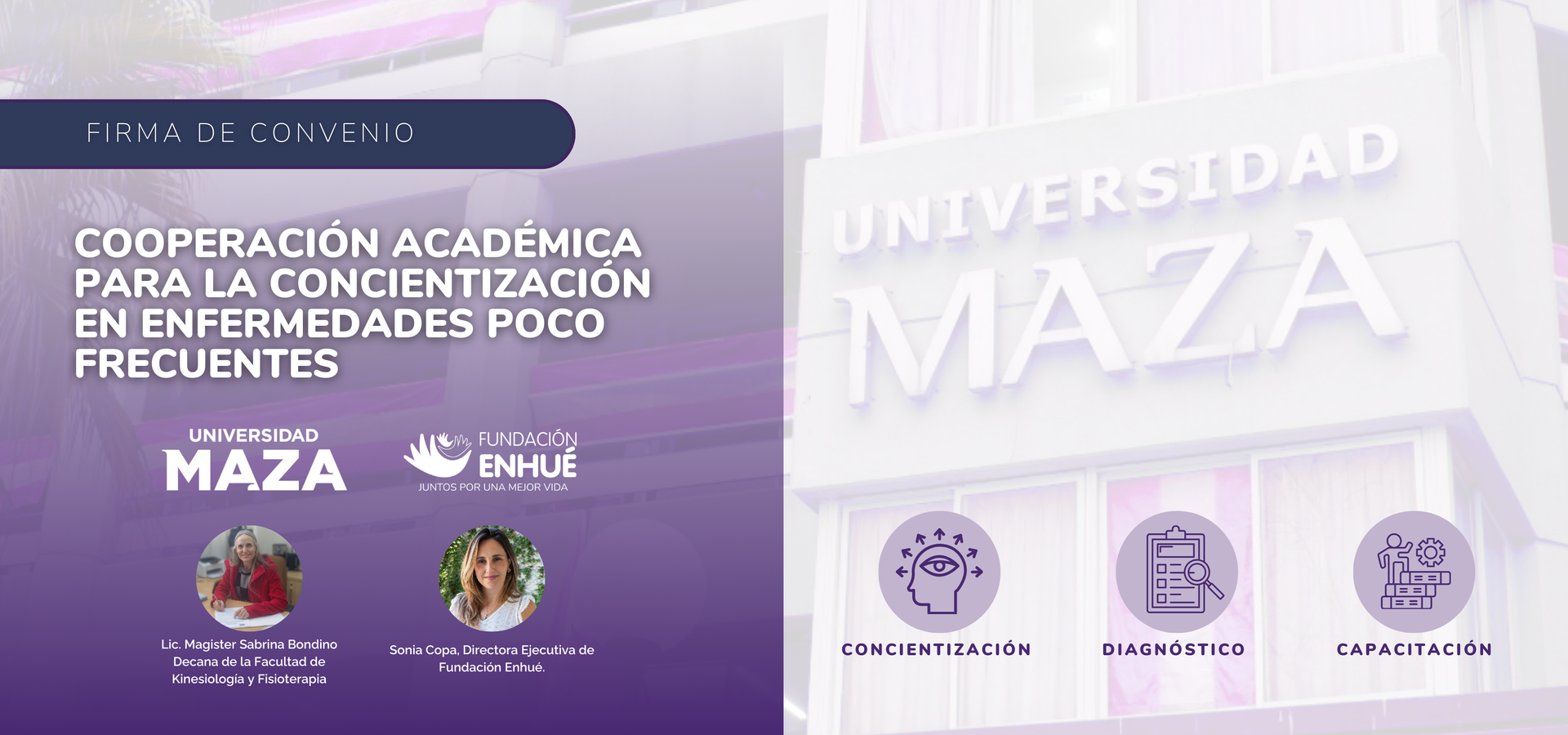 Universidad Maza event: Academic cooperation for awareness of rare diseases. Building with signage, purple hues.