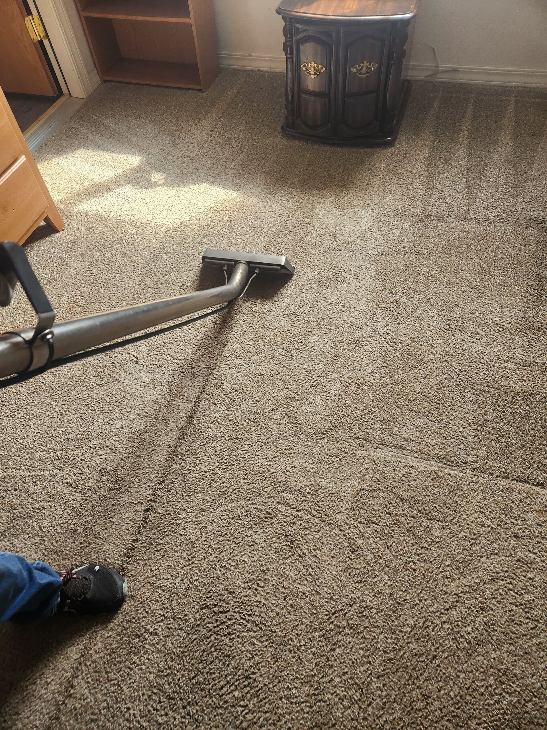 A person is using a vacuum cleaner to clean a carpet in a room.