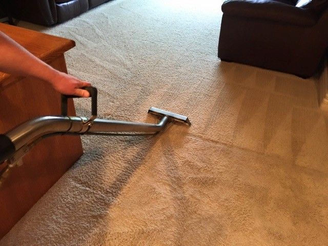 A person is vacuuming a carpet in a living room