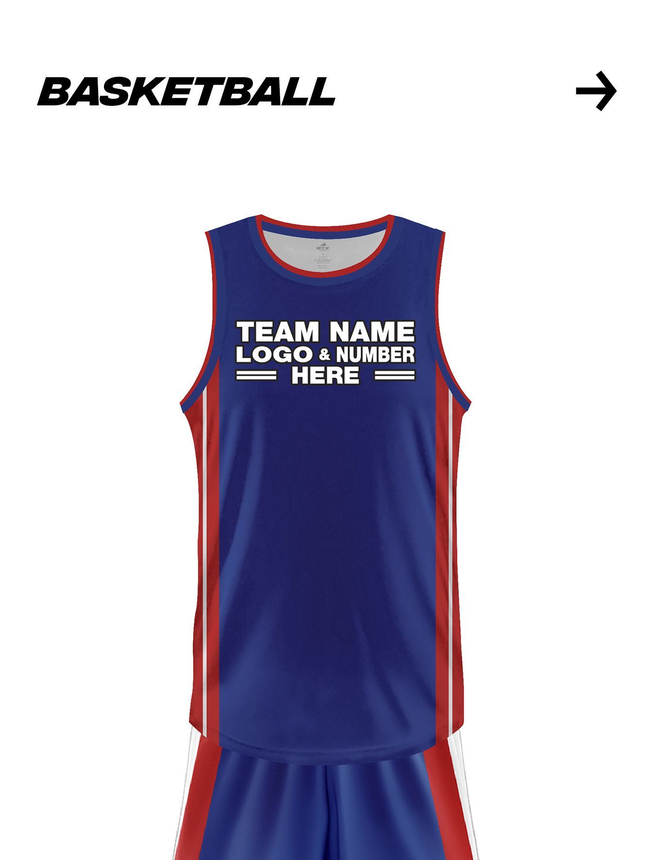 A blue and red basketball uniform with a team name logo and number on it.