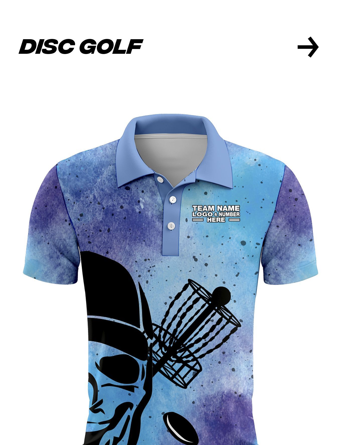 A blue and purple polo shirt with a disc golf design on it