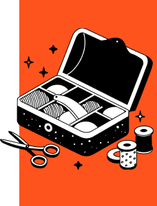 A black and white drawing of a sewing box with scissors and spools of thread.