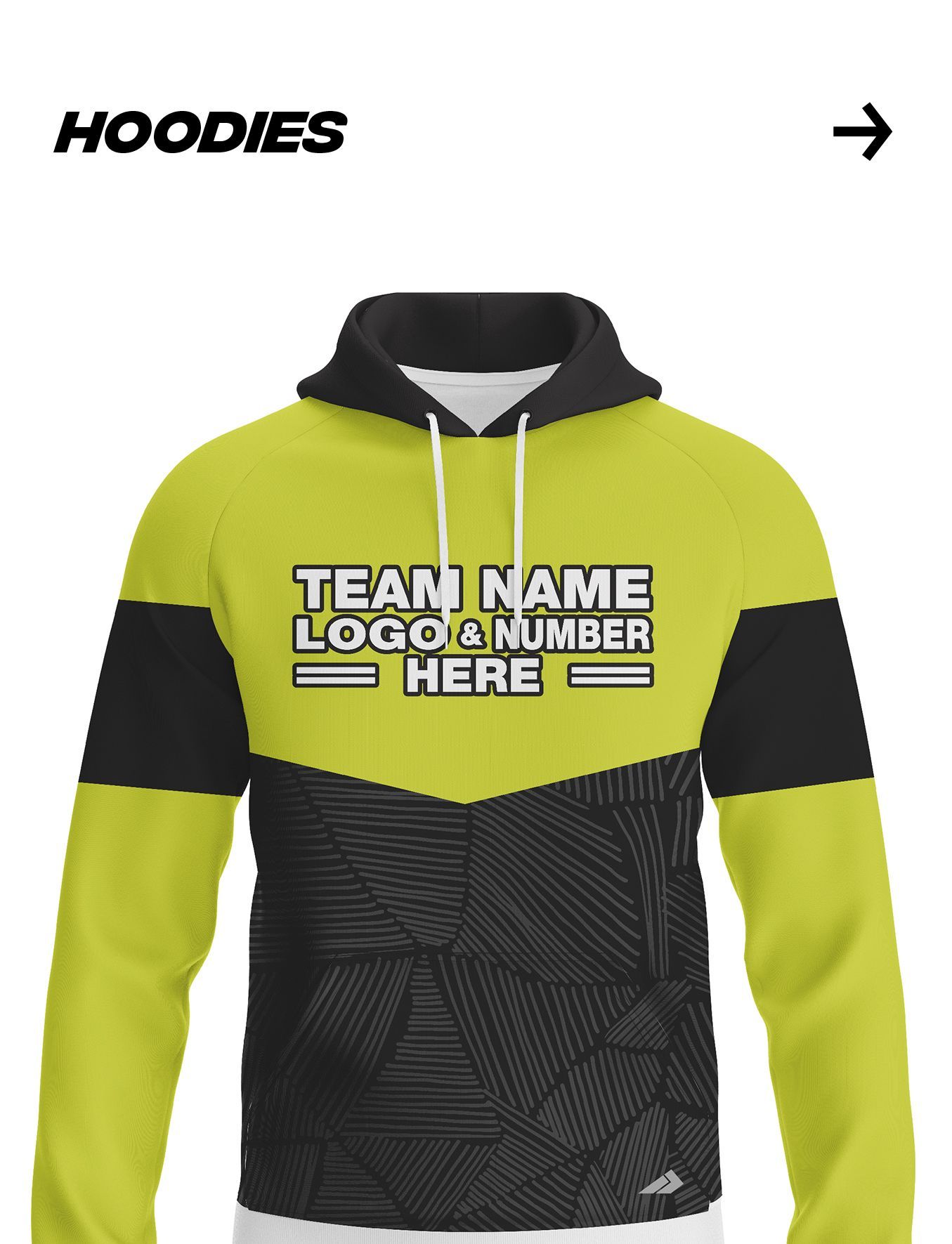 A yellow and black hoodie with the words `` team name logo number here '' on it.