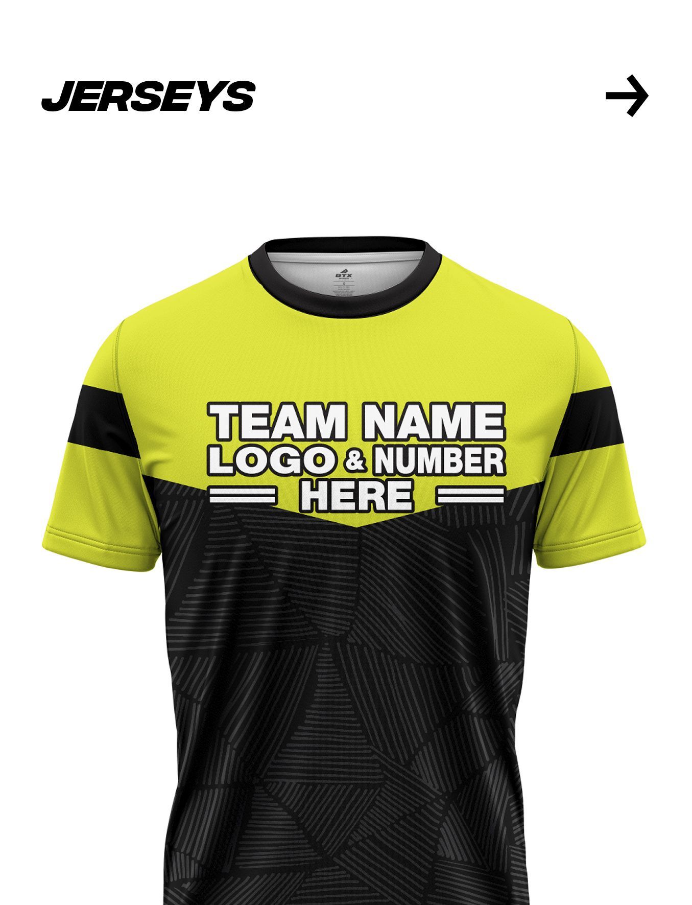 A yellow and black t-shirt with the words `` team name logo & number here '' on it.