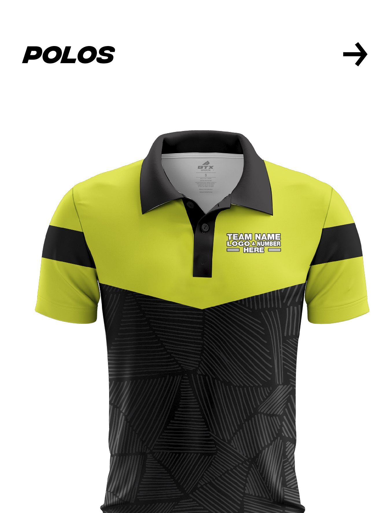 A yellow and black polo shirt with an arrow pointing to the right