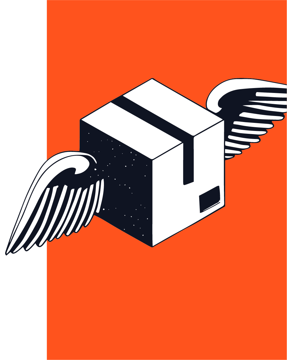 A box with wings is flying through the air.