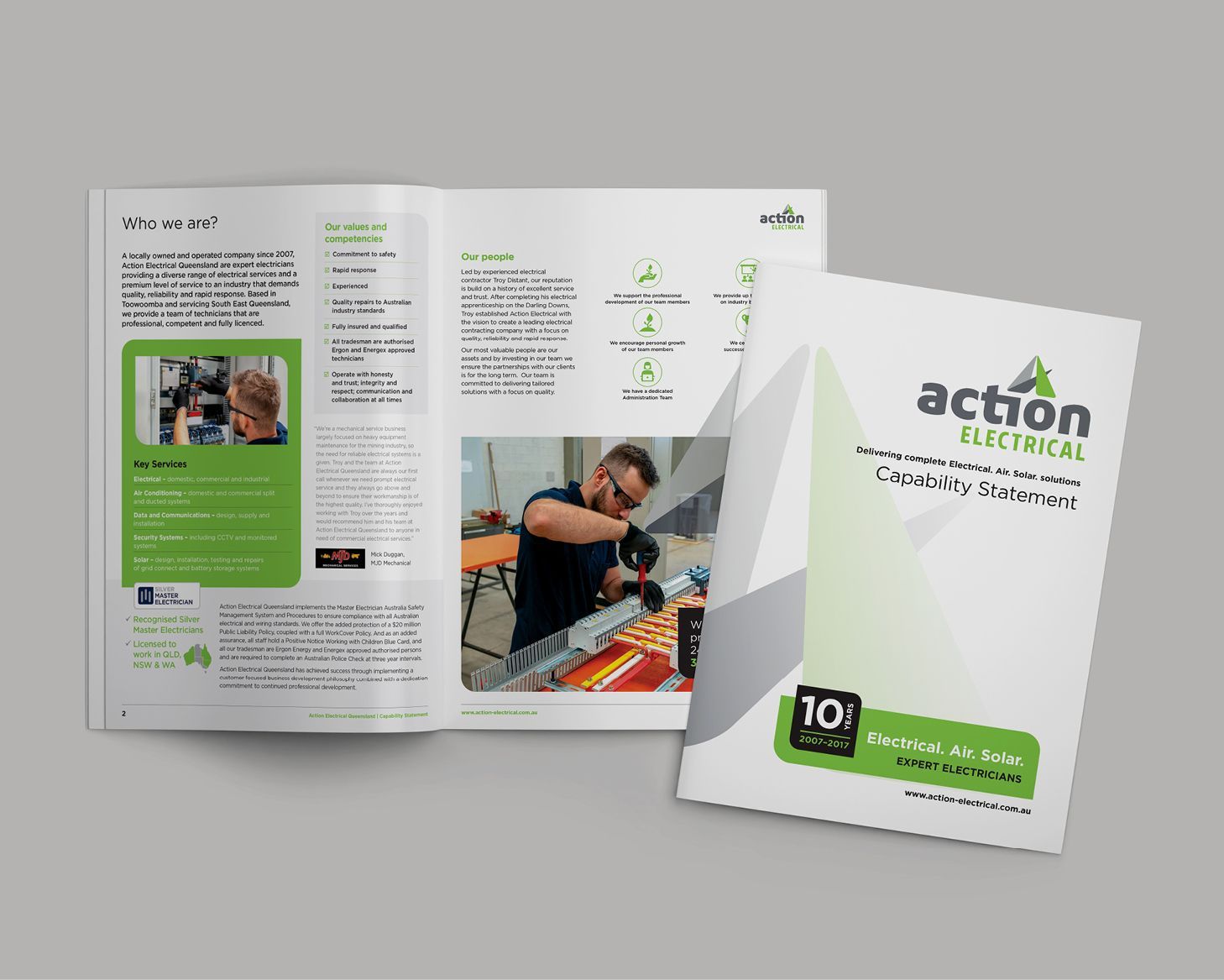 A man is working on a piece of equipment in a brochure for action electrical.