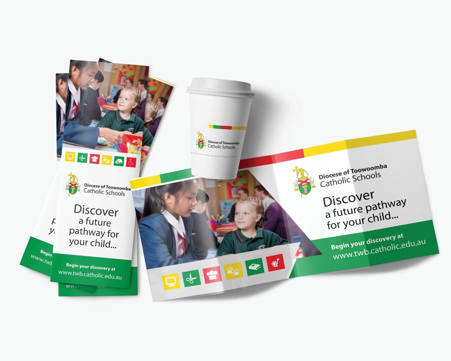 A brochure and a cup of coffee are sitting on a table.