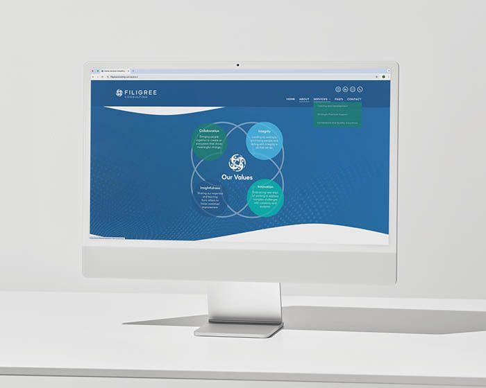 A white computer monitor is sitting on a white desk.