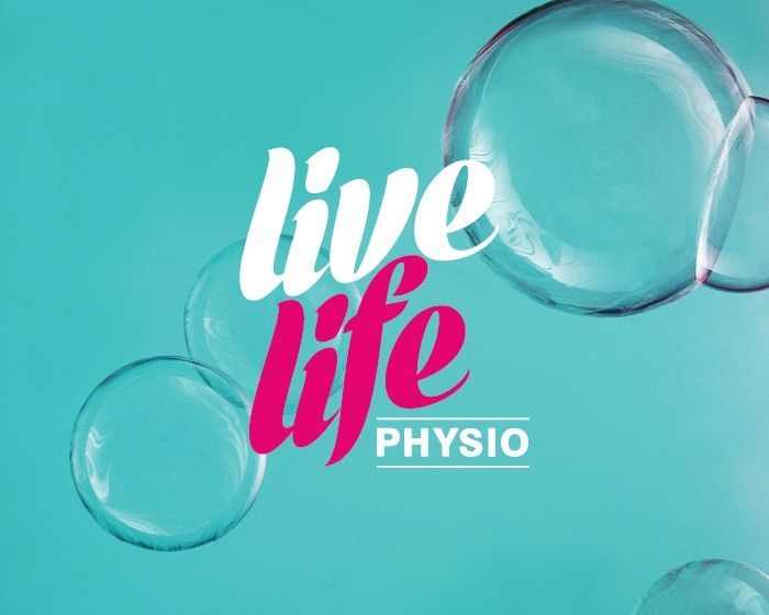 A logo for live life physio on a blue background