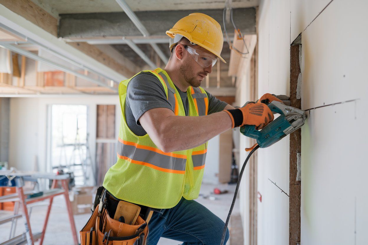 A construction worker is using a drill to cut a hole in a wall.