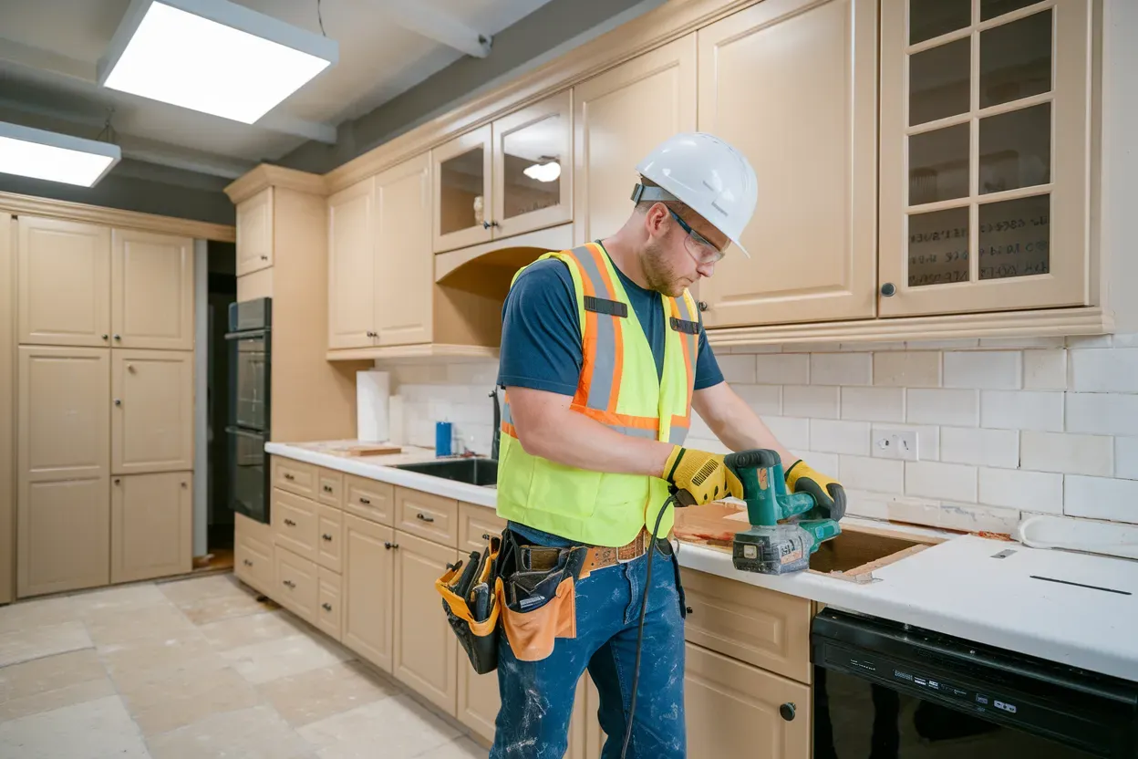 A man is working on a kitchen counter with a drill.