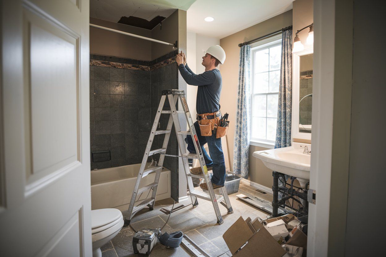 A man is standing on a ladder in a bathroom.