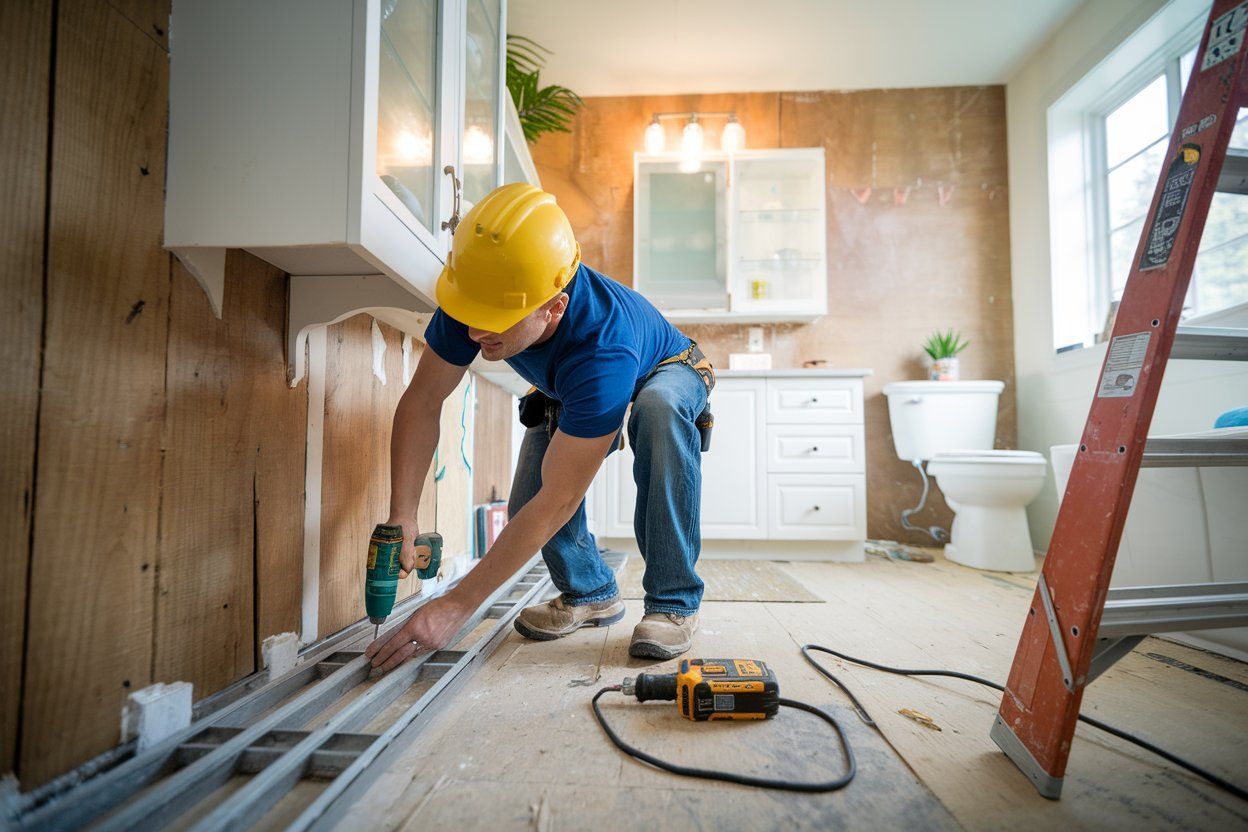 A man wearing a hard hat is working on a bathroom.