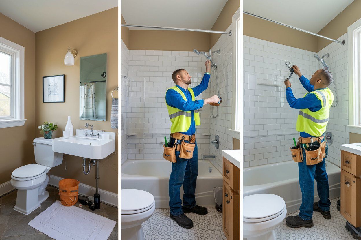 A plumber is fixing a shower head in a bathroom.