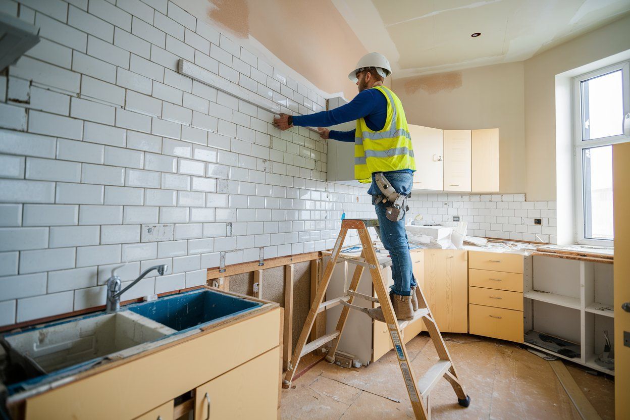 A man is standing on a ladder in a kitchen.