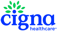 Cigna Healthcare logo: Blue wordmark with green leaves on top.