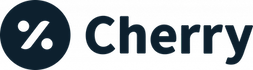 Cherry logo, dark blue circle with a percentage symbol-like design and the word 