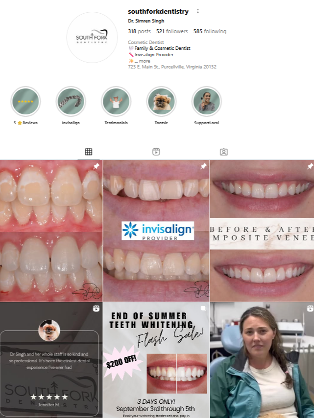 South Fork Dentistry Instagram profile; before/after smile transformations, Invisalign, and teeth whitening promotion.