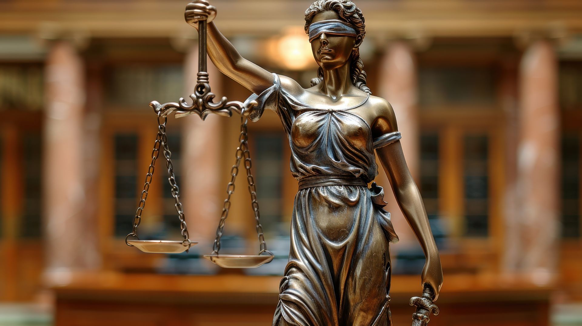 A statue of lady justice holding a scale in front of a courthouse.