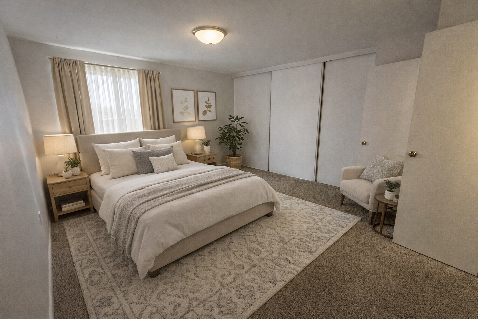 Bedroom with a bed, nightstands, chair, and a rug. Cream and tan color scheme with neutral decor.