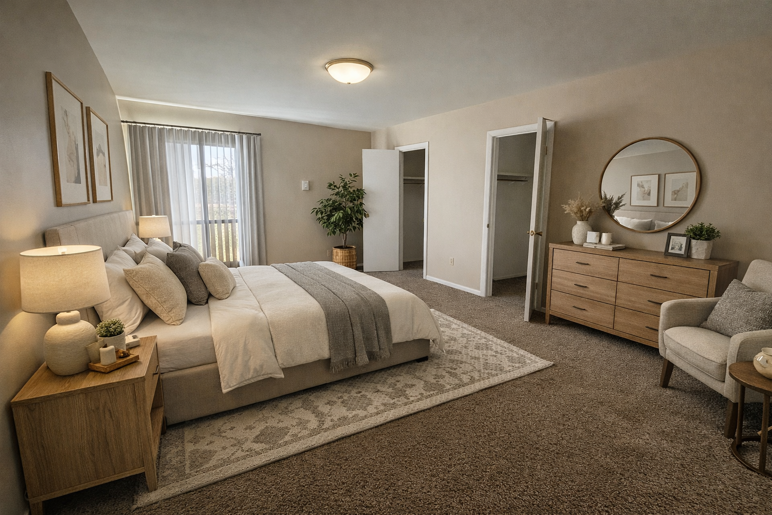 Bedroom with bed, dresser, armchair, and open closet; neutral color palette.