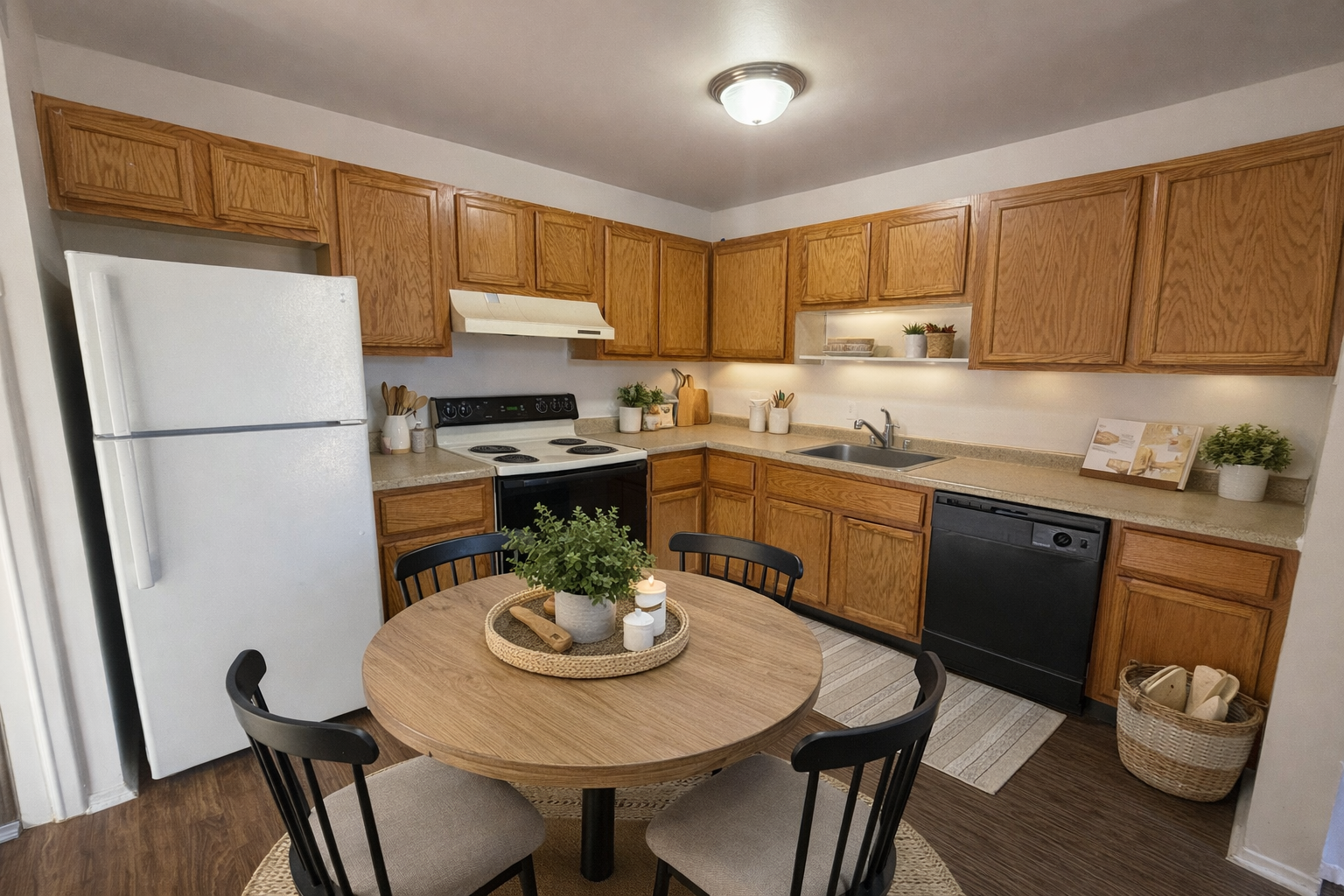 A kitchen with wood cabinets, white appliances, and a round wooden dining table with chairs.