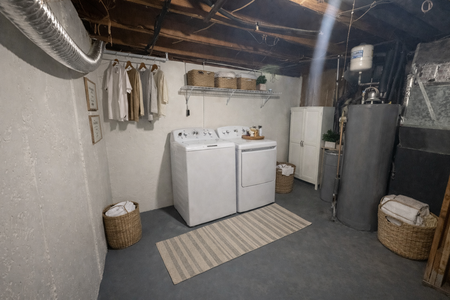 A basement laundry room featuring a washer, dryer, clothing rack, and storage baskets.