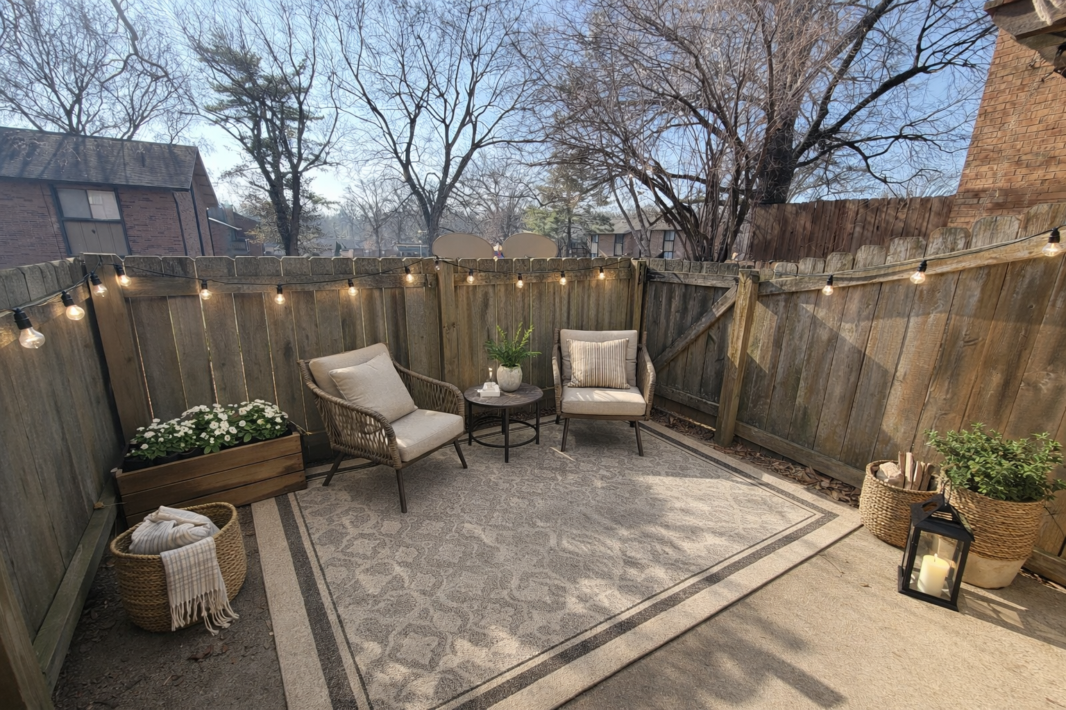 Cozy patio with two chairs, small table, rug, string lights, and plants. Wooden fence in background.