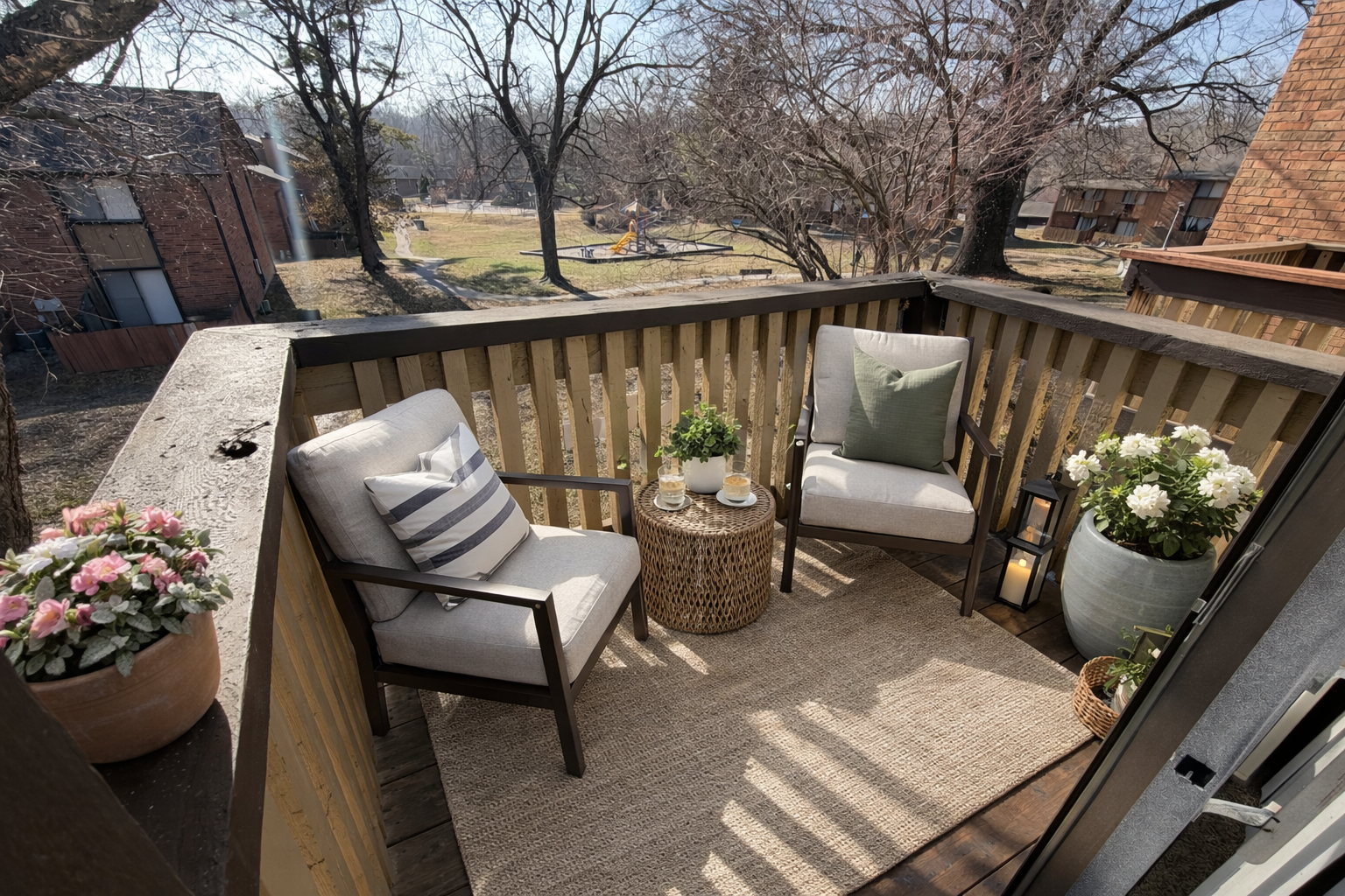 Cozy balcony with two chairs, a small table, rug, and potted plants overlooking a green space.