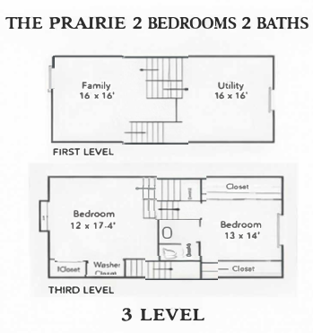 Floor plan of a 3-level Prairie-style home with 2 bedrooms, 2 bathrooms. First level shows family and utility rooms. Third level shows bedrooms, bathrooms, and closets.