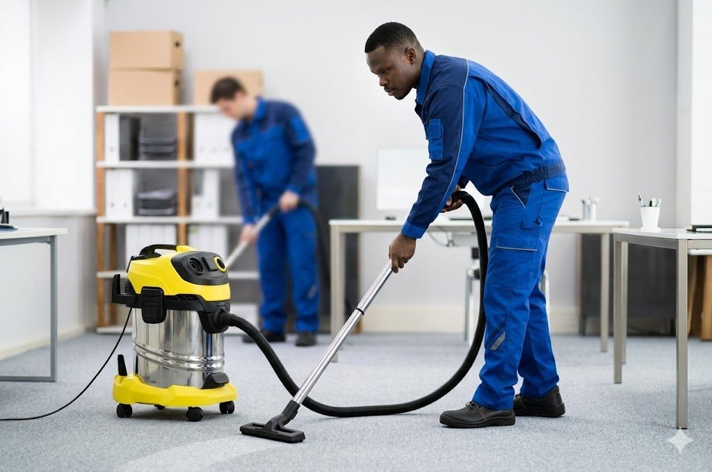 Two cleaners vacuuming an office floor, one in the foreground using a yellow wet vacuum, with desks and tables nearby