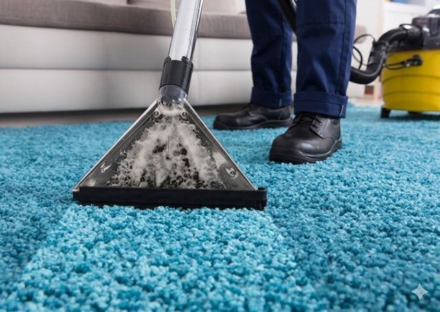 Carpet cleaner vacuuming a bright blue rug near a sofa and yellow machine