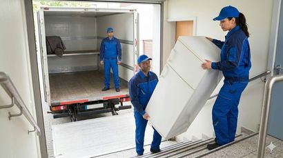 Workers in blue uniforms move a large white appliance into a truck at a loading dock.