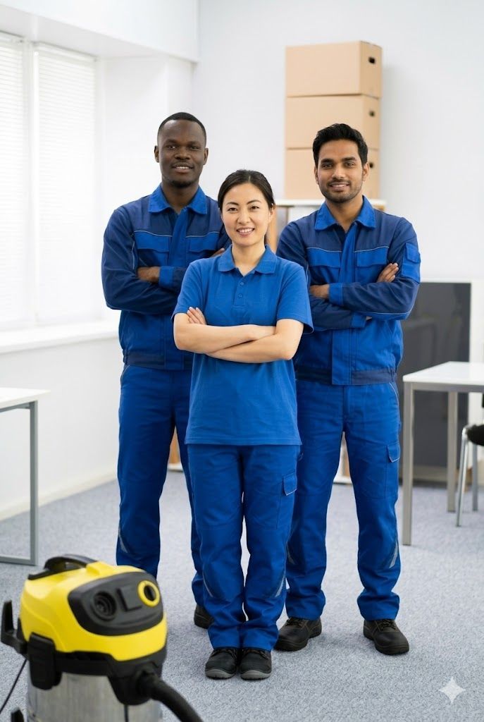 Three workers in blue coveralls standing in a bright room beside a yellow vacuum cleaner.