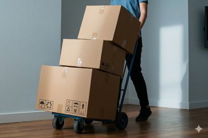 Person pushing stacked cardboard boxes on a hand truck across a room with wooden floor.
