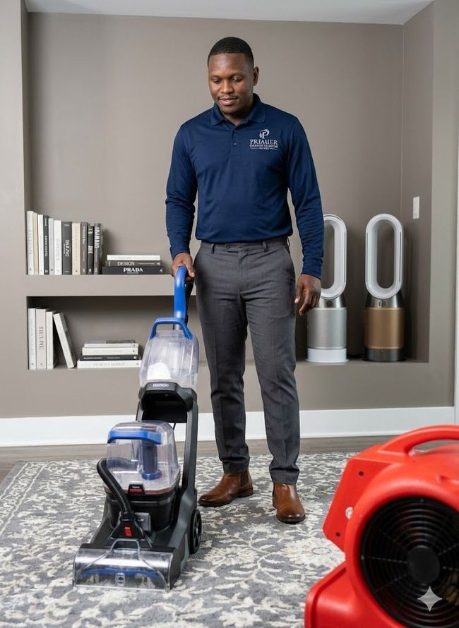 Man using an upright vacuum in a modern living room with gray walls and patterned rug