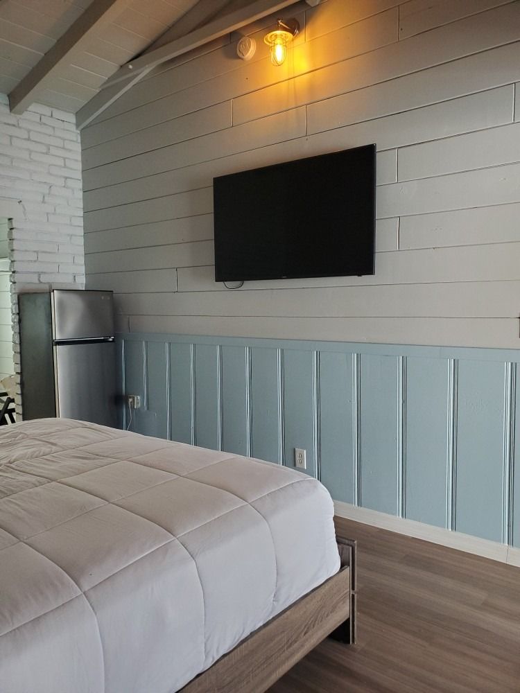Bedroom with bed, TV, fridge, and blue paneling on the wall.