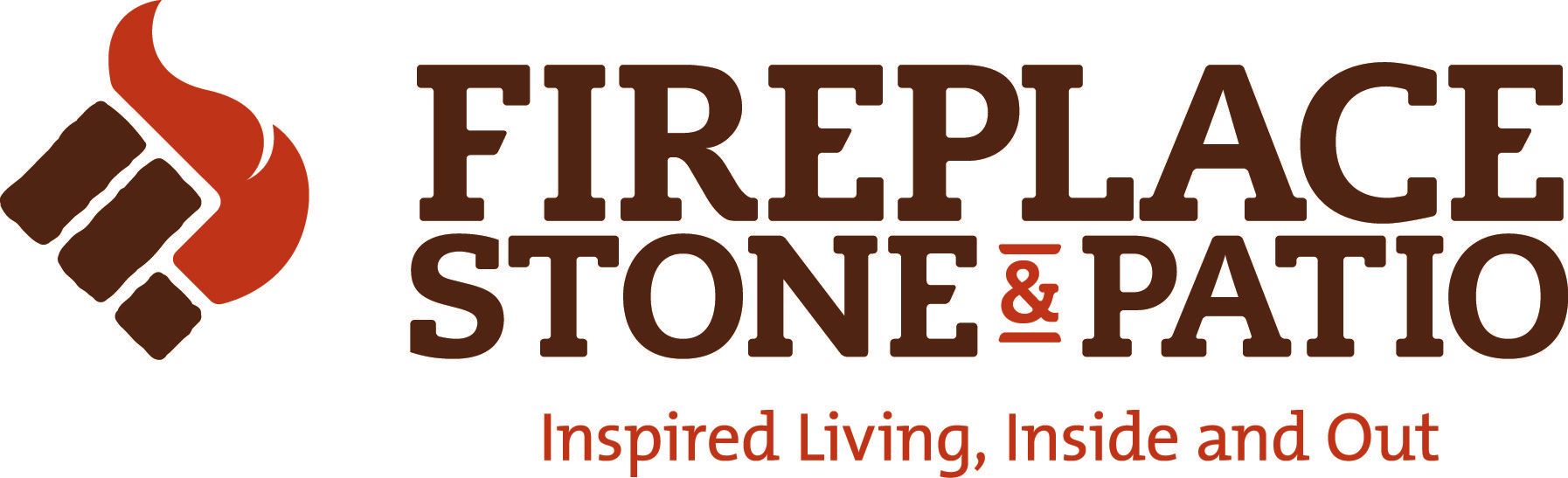 the logo for fireplace stone and patio, inspired living , inside and out .