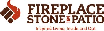 the logo for fireplace stone and patio, inspired living , inside and out .