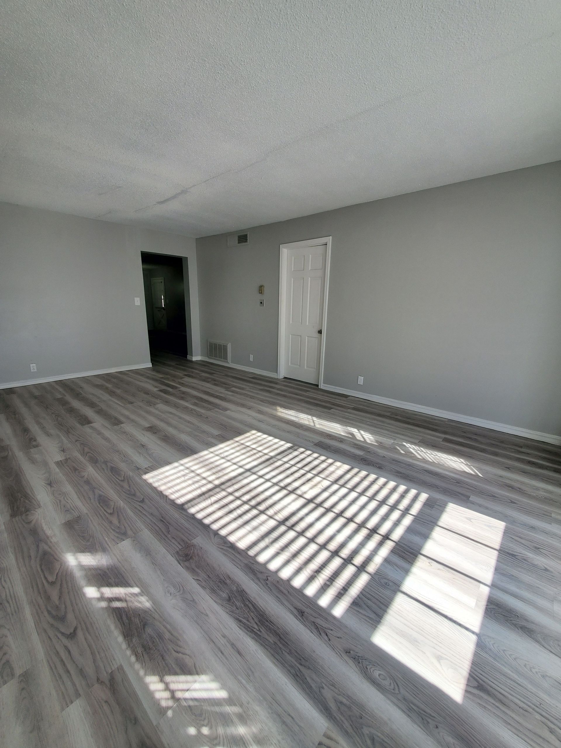 A living room with hardwood floors and gray walls.