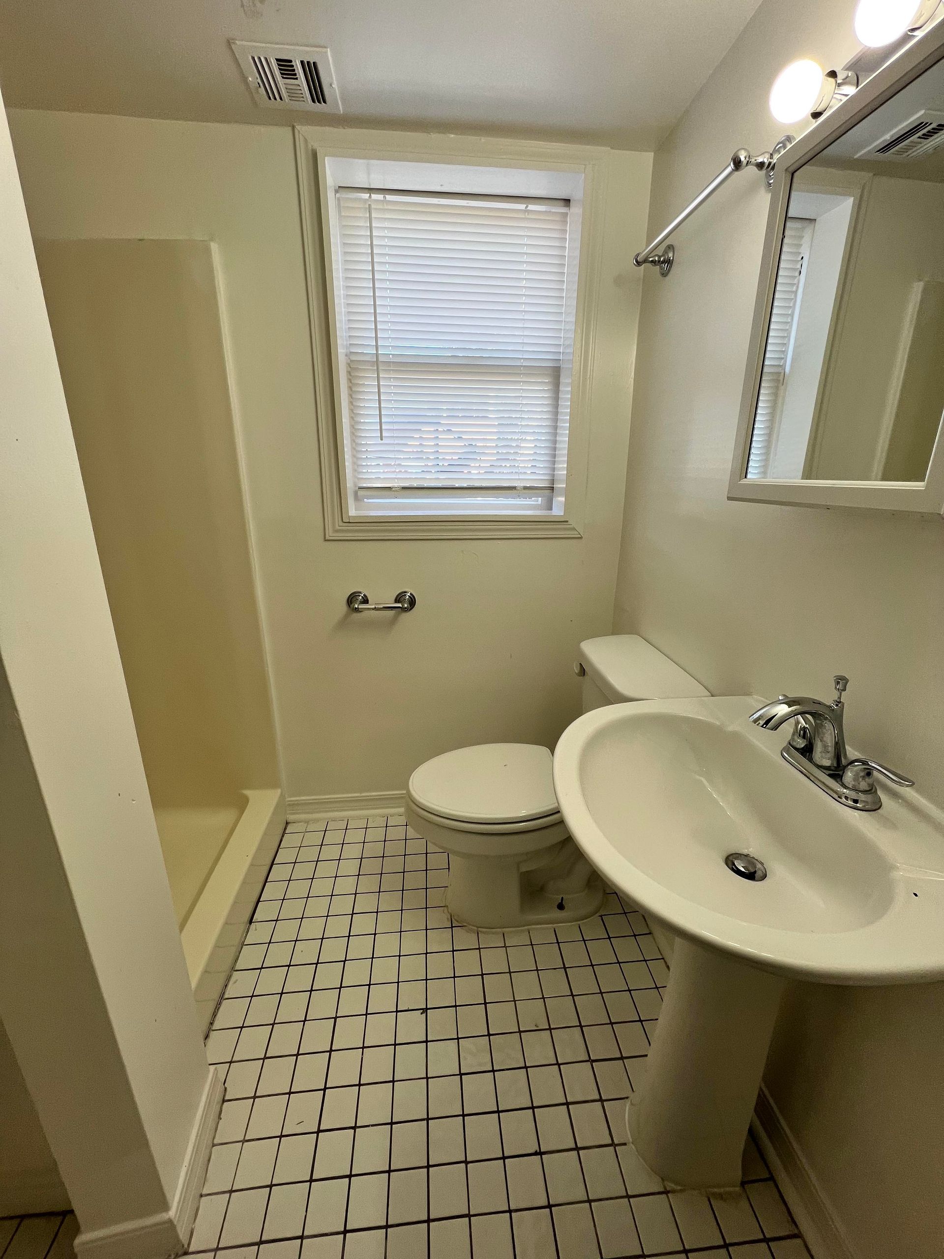 A bathroom with a toilet , sink and shower.