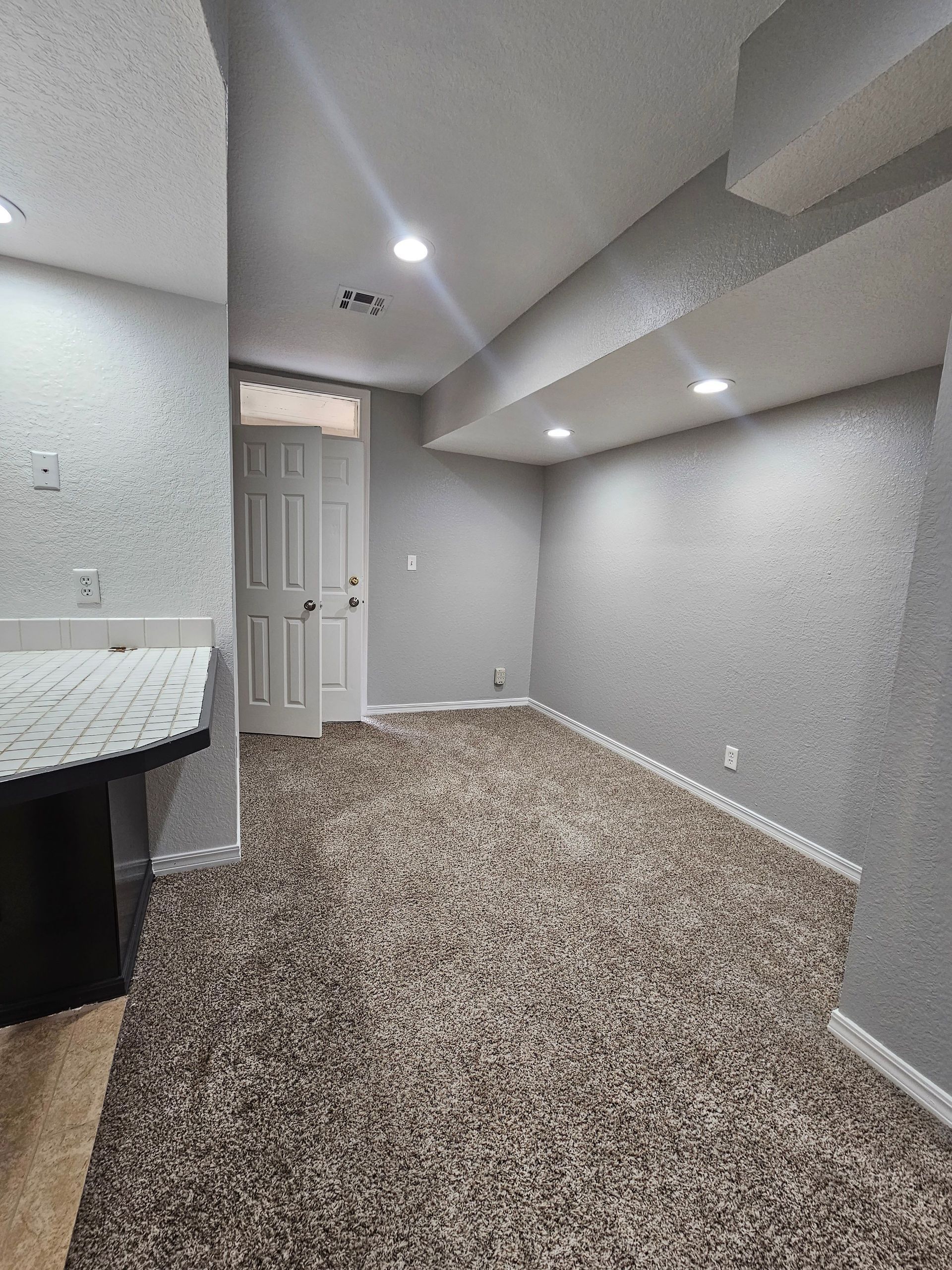 An empty basement with a carpeted floor and a door.