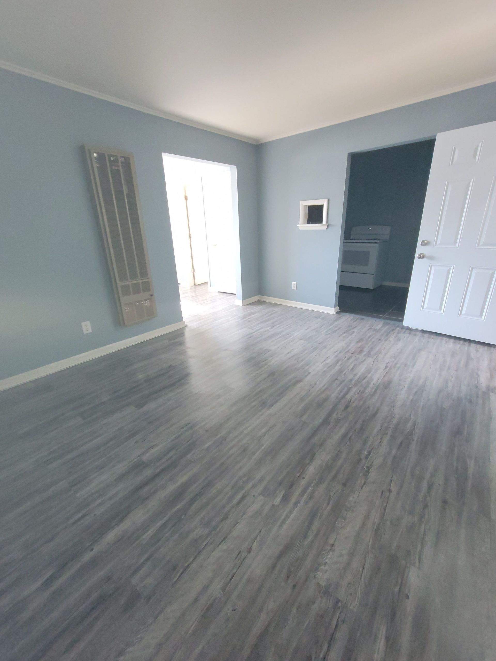 An empty living room with hardwood floors and blue walls