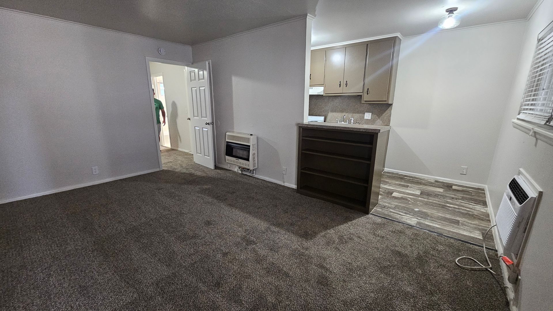A living room with a carpeted floor and a kitchen in the background.