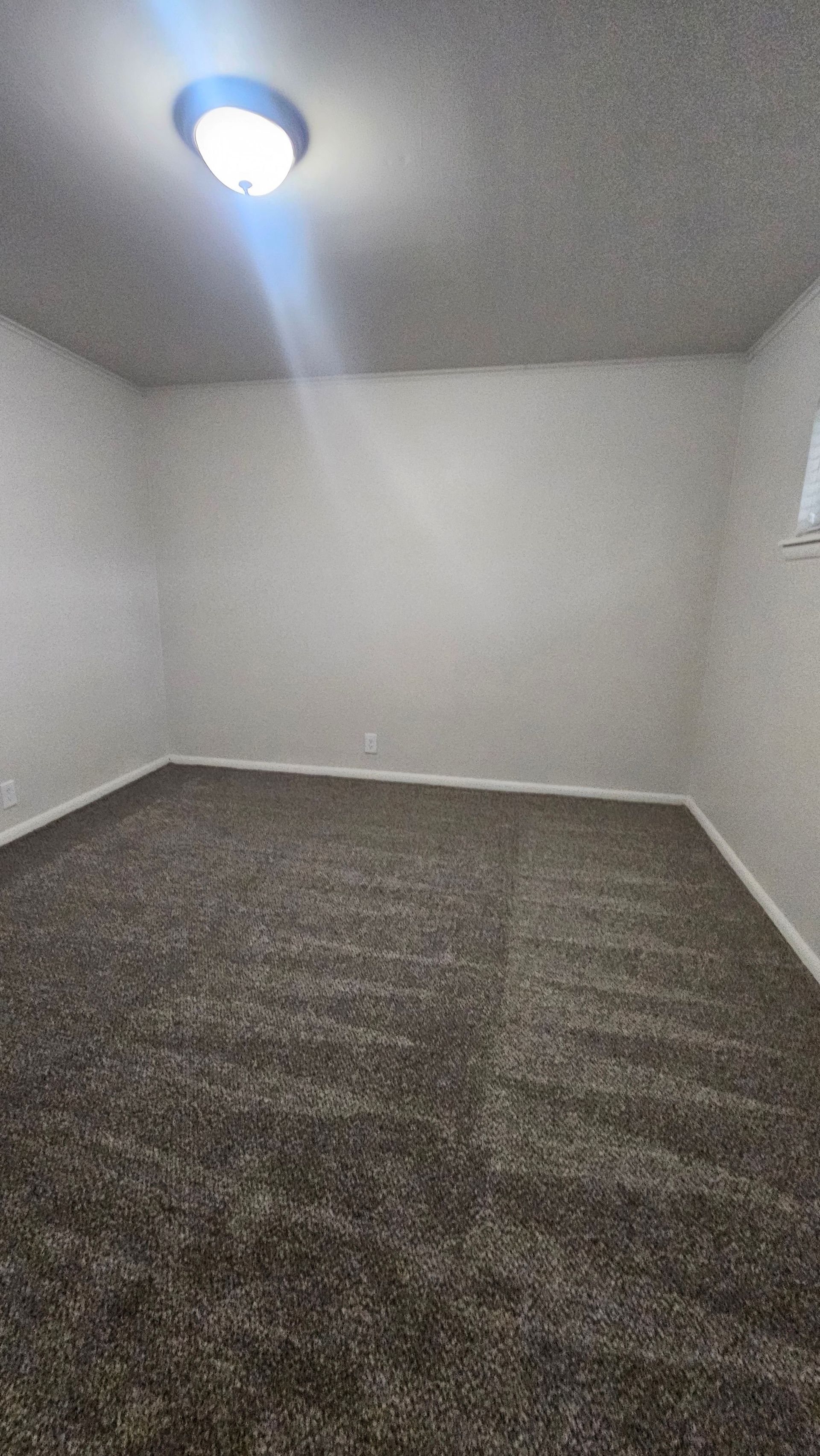 An empty bedroom with a carpeted floor and a light on the ceiling.